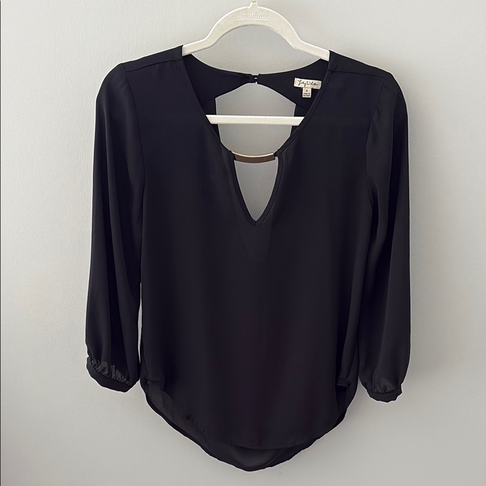sheer blouse open back 3/4 sleeve flowy blouse with gold detail - Size S
